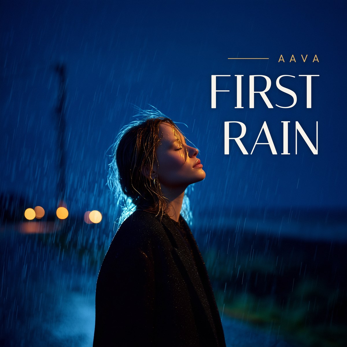First Rain cover: AAVA with her eyes closed in the night rain