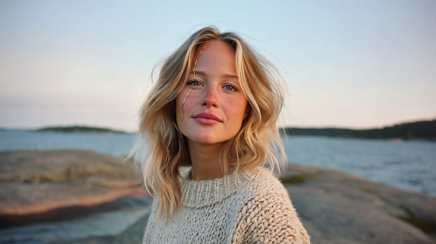 AAVA on the granite rocks of the Finnish archipelago at sunset, a thin gold seam on her face